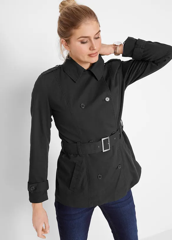 Kurzer Trenchcoat in schwarz von vorne (Totalaufnahme) - bonprix