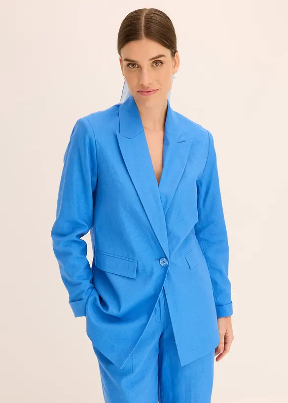 Leinen-Blazer in blau von vorne (im Anschnitt) - bonprix