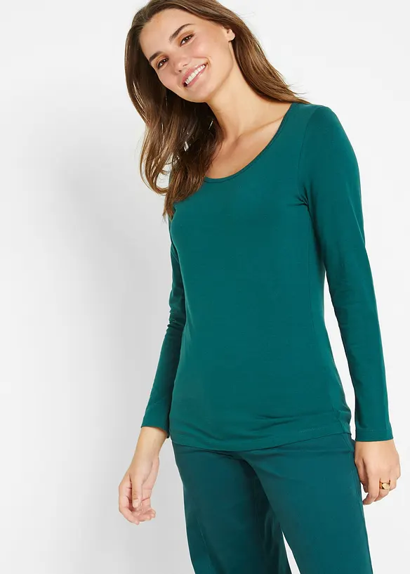 Figurbetontes Langarmshirt in petrol von vorne (im Anschnitt) - bonprix