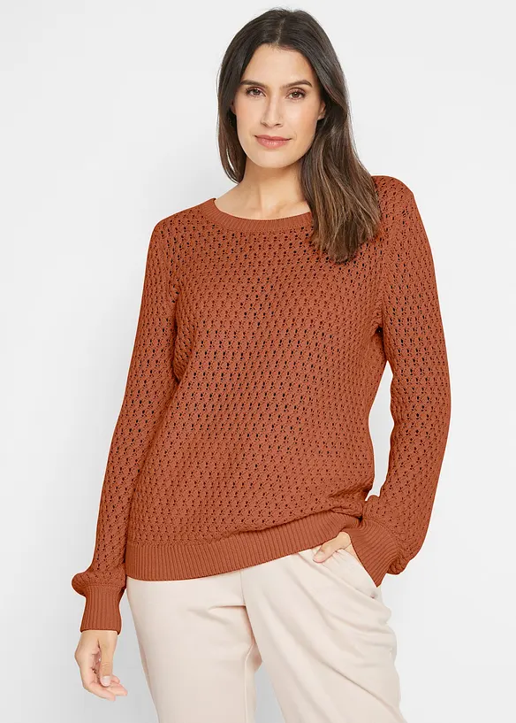 Pullover mit Strukturstrick aus Baumwollmix in braun von vorne (im Anschnitt) - bonprix