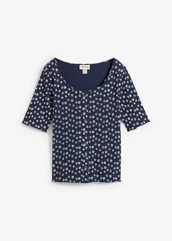 Ripp-Shirt mit Blumendruck aus reiner Baumwolle in blau von vorne - bonprix Ripp-Shirt mit Blumendruck aus reiner Baumwolle in blau von vorne - bonprix
