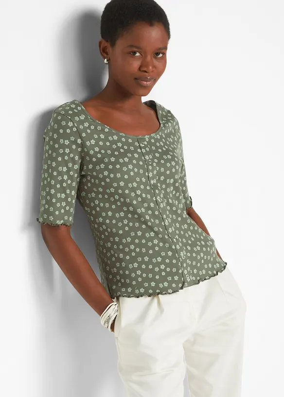 Ripp-Shirt mit Blumendruck aus reiner Baumwolle in grün von vorne (im Anschnitt) - bonprix Ripp-Shirt mit Blumendruck aus reiner Baumwolle in grün von vorne (im Anschnitt) - bonprix
