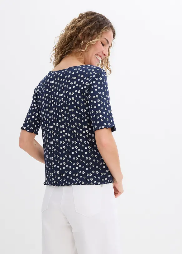 Ripp-Shirt mit Blumendruck aus reiner Baumwolle in blau von hinten (im Anschnitt) - bonprix Ripp-Shirt mit Blumendruck aus reiner Baumwolle in blau von hinten (im Anschnitt) - bonprix