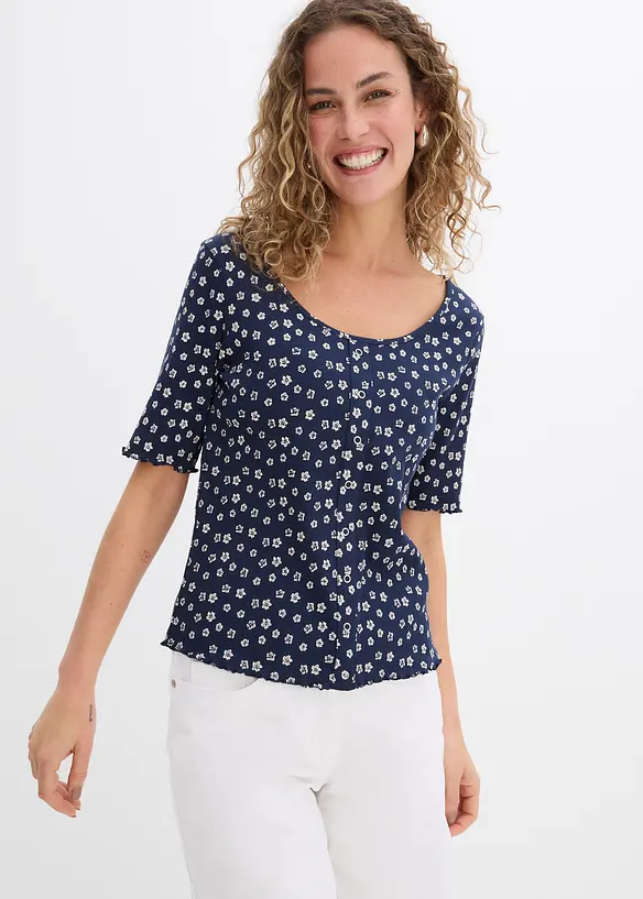 Ripp-Shirt mit Blumendruck aus reiner Baumwolle in blau von vorne (im Anschnitt) - bonprix Ripp-Shirt mit Blumendruck aus reiner Baumwolle in blau von vorne (im Anschnitt) - bonprix