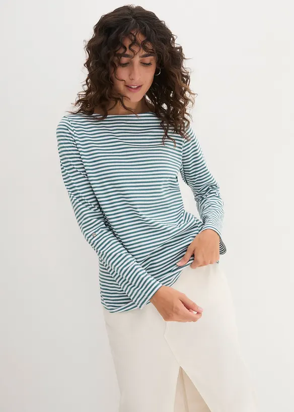 Langarmshirt aus reiner Baumwolle in petrol von vorne (im Anschnitt) - bonprix