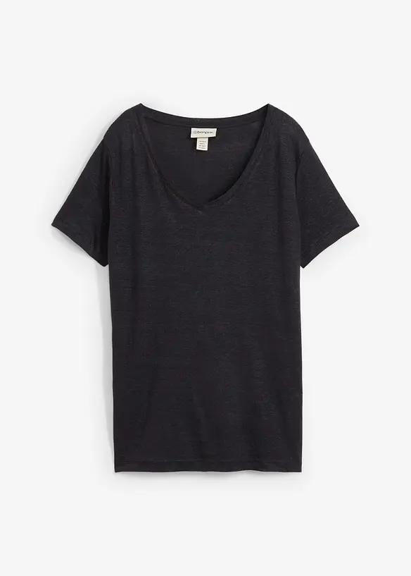 T-Shirt aus reinem Leinen in schwarz von vorne - bonprix