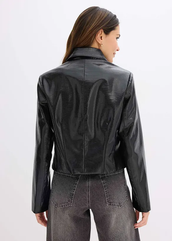 Verkürzte Lederimitat-Jacke mit glossy Krokoprägung in schwarz von hinten (im Anschnitt) - bonprix