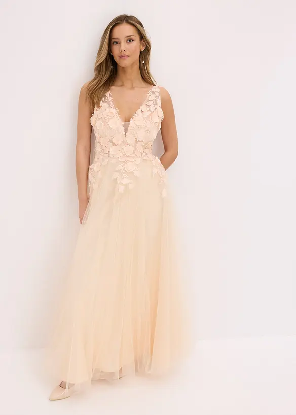 Maxikleid aus zartem Tüll mit Blumen-Applikation in beige von vorne (Totalaufnahme) - bonprix Maxikleid aus zartem Tüll mit Blumen-Applikation in beige von vorne (Totalaufnahme) - bonprix