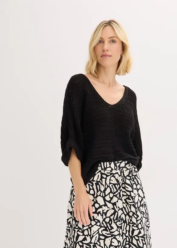Grobstrick-Pullover in Bändchengarn in schwarz von vorne (im Anschnitt) - bonprix