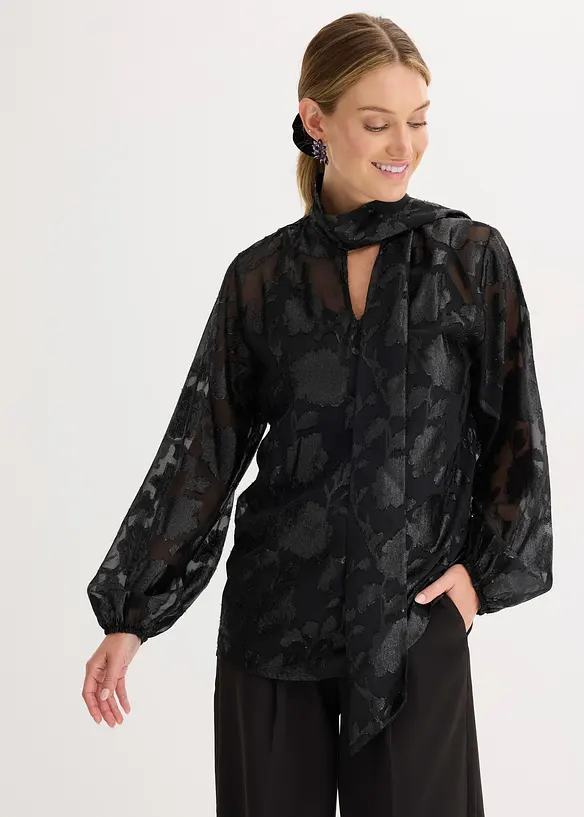 Schlupfbluse mit Stickerei in schwarz von vorne (im Anschnitt) - bonprix