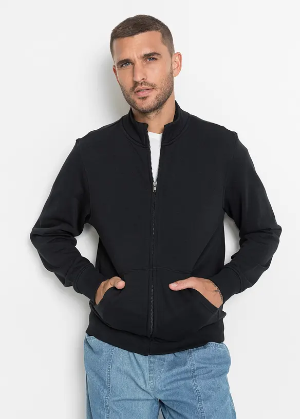 Sweatjacke mit Stehkragen in schwarz von vorne (im Anschnitt) - bonprix