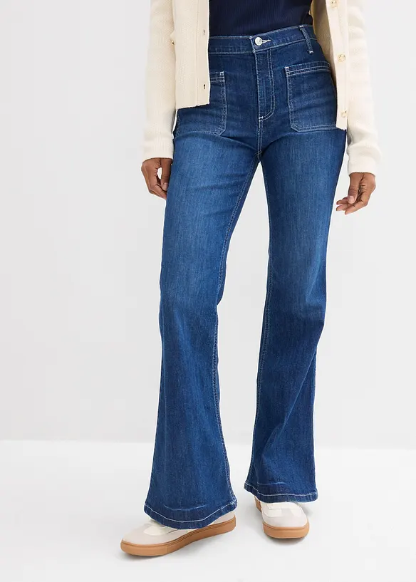 Flared-Jeans High Waist, Stretch in blau von vorne - bonprix