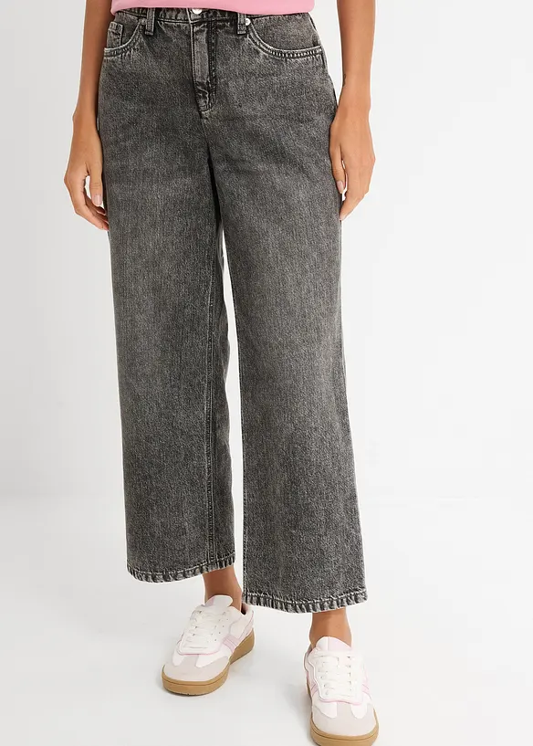 Loose Straight-Jeans Mid Waist, cropped in grau von vorne - bonprix
