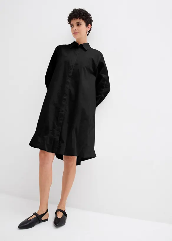 Hemdblusenkleid mit Ballonsaum aus reiner Baumwolle in schwarz von vorne (Totalaufnahme) - bonprix