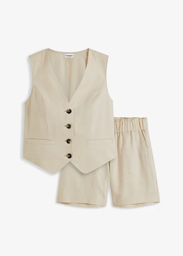 Weste und Shorts aus Leinenmix in beige von vorne - bonprix