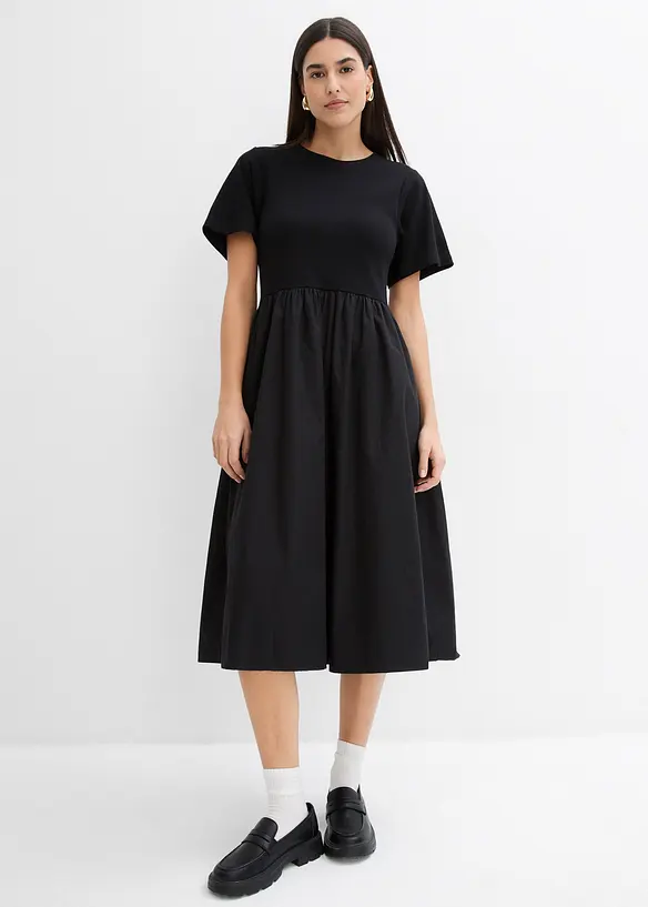 Midikleid aus Materialmix in schwarz von vorne (Totalaufnahme) - bonprix Midikleid aus Materialmix in schwarz von vorne (Totalaufnahme) - bonprix