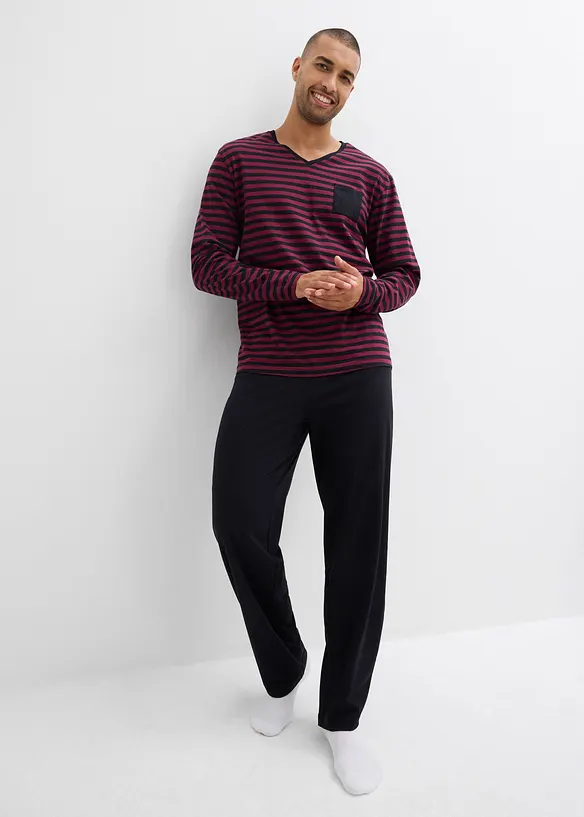 Pyjama aus reiner Baumwolle mit langen Ärmeln in rot im Look von vorne (Totalaufnahme) - bonprix