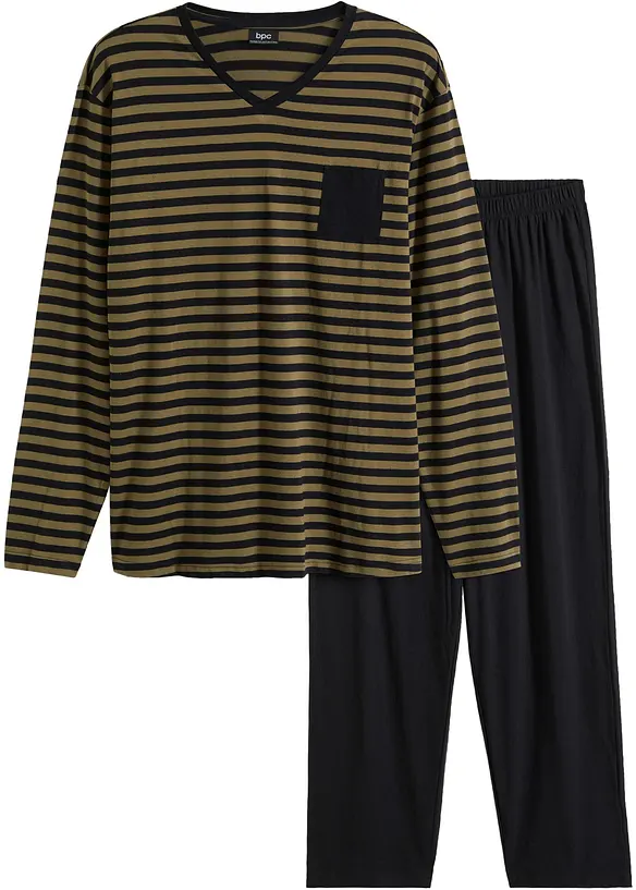 Pyjama aus reiner Baumwolle mit langen Ärmeln in grün von vorne - bonprix
