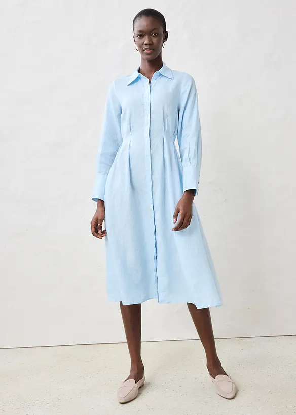Hemdblusenkleid aus reinem Leinen in blau von vorne (Totalaufnahme) - bonprix Hemdblusenkleid aus reinem Leinen in blau von vorne (Totalaufnahme) - bonprix