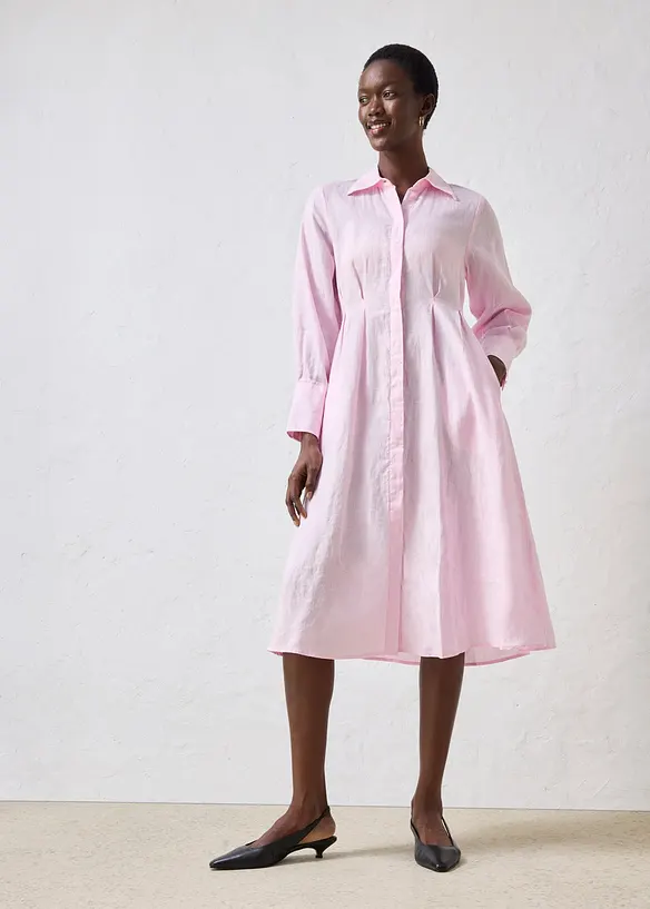 Hemdblusenkleid aus reinem Leinen in rosa von vorne (Totalaufnahme) - bonprix