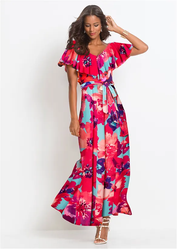 Maxikleid mit Volant in blau von vorne (Totalaufnahme) - bonprix