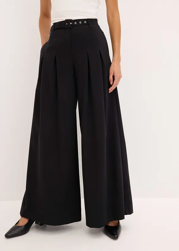 Bundfaltenhose mit Gürtel (2-tlg. Set) aus softem Viskose-Mix in schwarz von vorne - bonprix