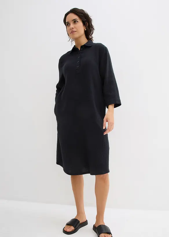 Musselin-Hemdblusenkleid aus reiner Baumwolle in schwarz von vorne (Totalaufnahme) - bonprix