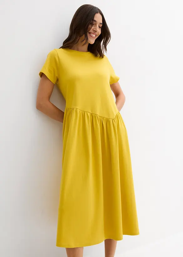 Jersey-Kleid aus reiner Bio-Baumwolle in gelb von vorne (Totalaufnahme) - bonprix