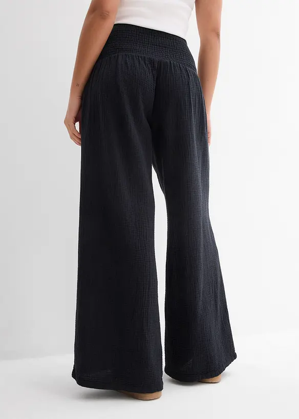 Musselin-Palazzo-Hose aus reiner Baumwolle in schwarz von hinten - bonprix