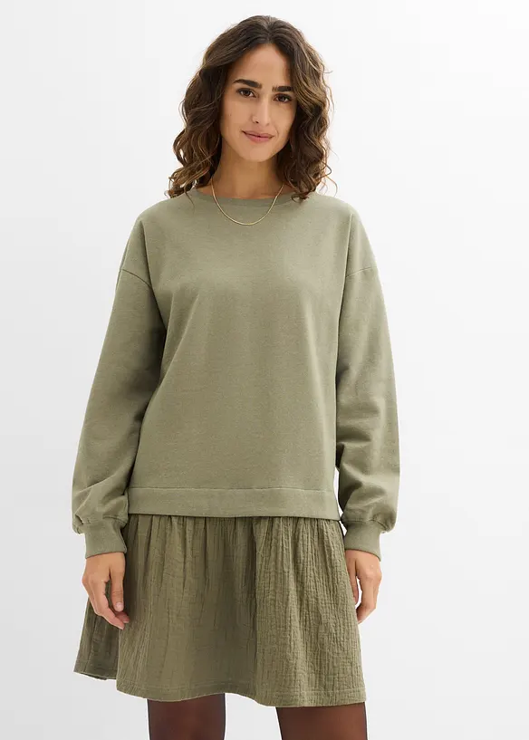 Sweatkleid mit Webrock in grün von vorne (Totalaufnahme) - bonprix