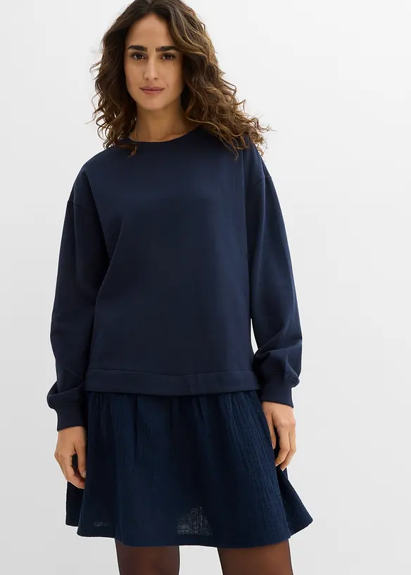 Sweatkleid mit Webrock in blau von vorne (Totalaufnahme) - bonprix