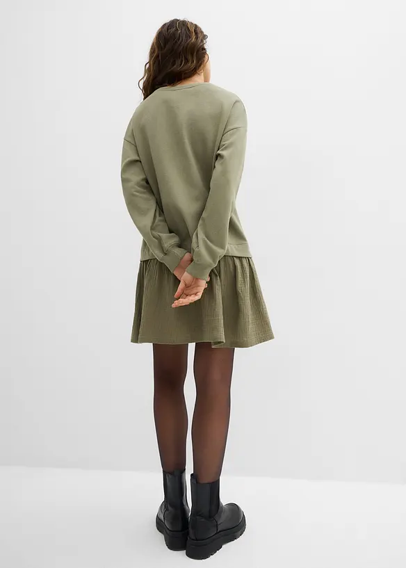 Sweatkleid mit Webrock in grün von hinten (Totalaufnahme) - bonprix