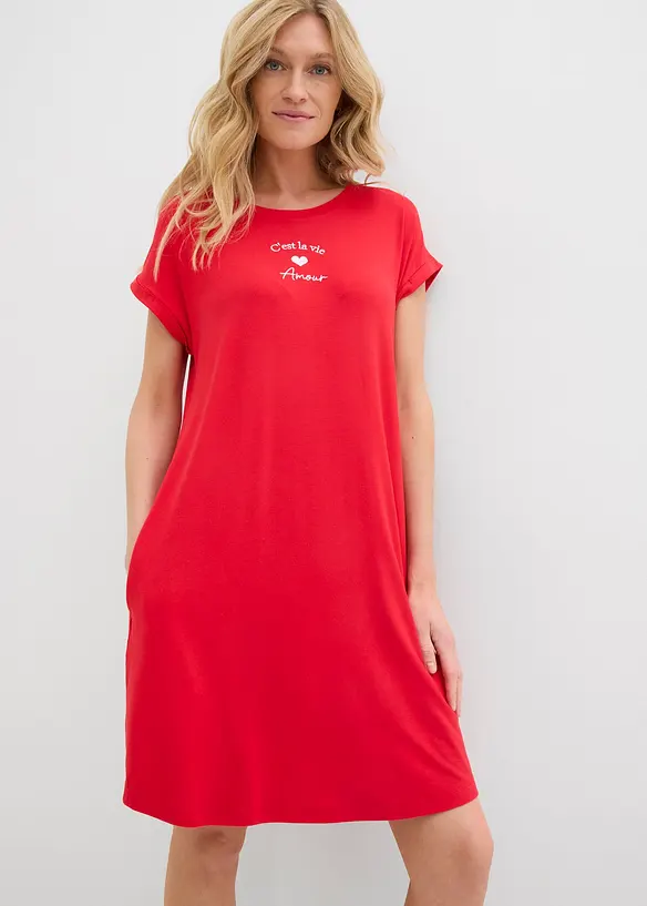Jersey-Kleid mit Stickerei aus Viskose-Elasthan-Mix in rot von vorne (Totalaufnahme) - bonprix Jersey-Kleid mit Stickerei aus Viskose-Elasthan-Mix in rot von vorne (Totalaufnahme) - bonprix