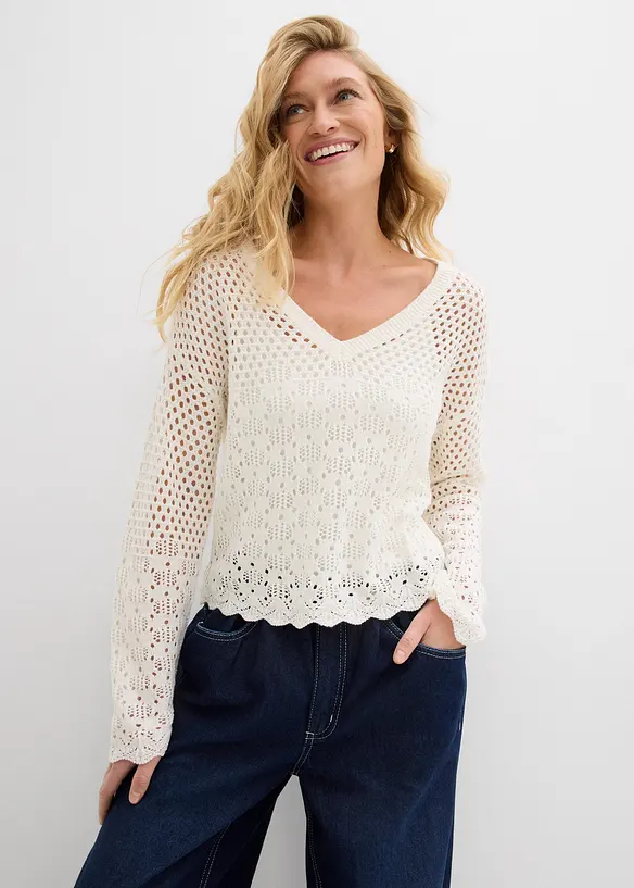 Leichter Ajour-Pullover in weiß von vorne (im Anschnitt) - bonprix