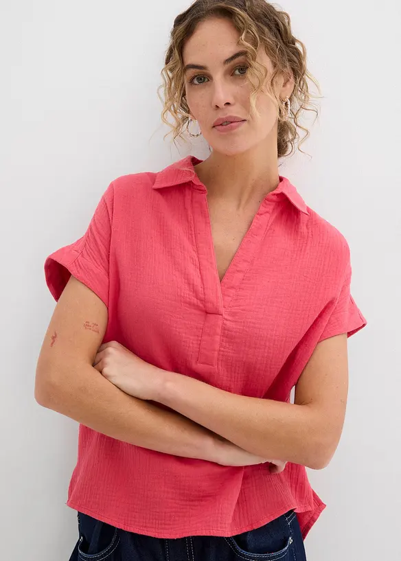 Musselin-Kurzarmbluse aus reiner Baumwolle in pink von vorne (im Anschnitt) - bonprix