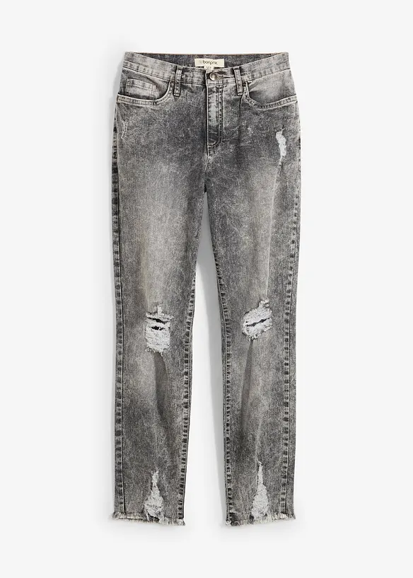 Mom-Jeans High Waist mit Destroy-Effekten in grau von vorne - bonprix