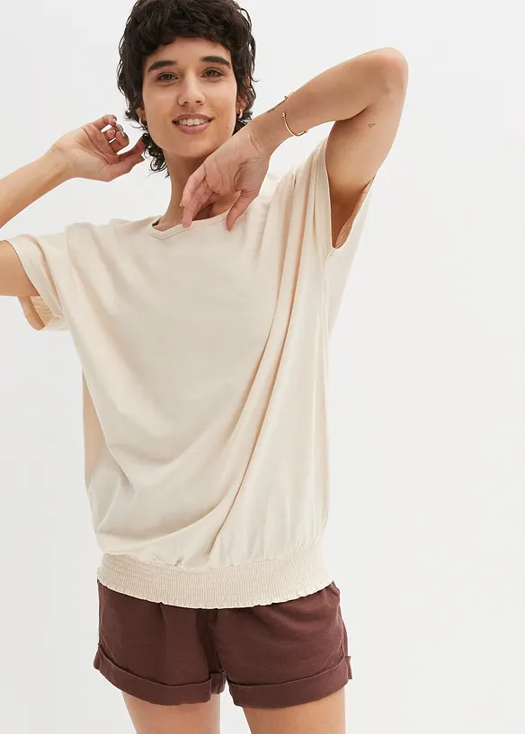 Flammgarn-Shirt aus Bio-Baumwolle mit Smockbund in beige von vorne (im Anschnitt) - bonprix Flammgarn-Shirt aus Bio-Baumwolle mit Smockbund in beige von vorne (im Anschnitt) - bonprix