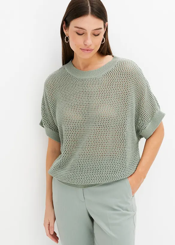 Oversize-Pullover aus Baumwoll-Mix in grün von vorne (im Anschnitt) - bonprix