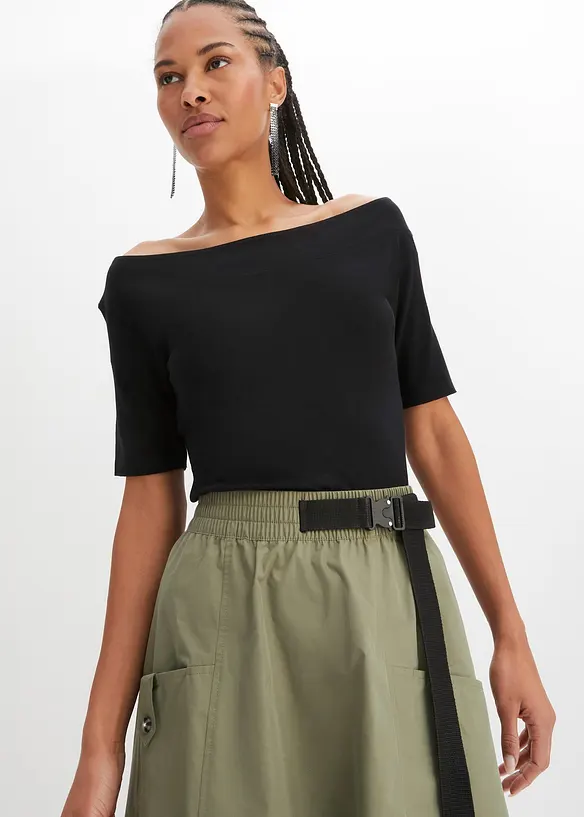 Carmenshirt in Viskose-Mix in schwarz von vorne (im Anschnitt) - bonprix Carmenshirt in Viskose-Mix in schwarz von vorne (im Anschnitt) - bonprix
