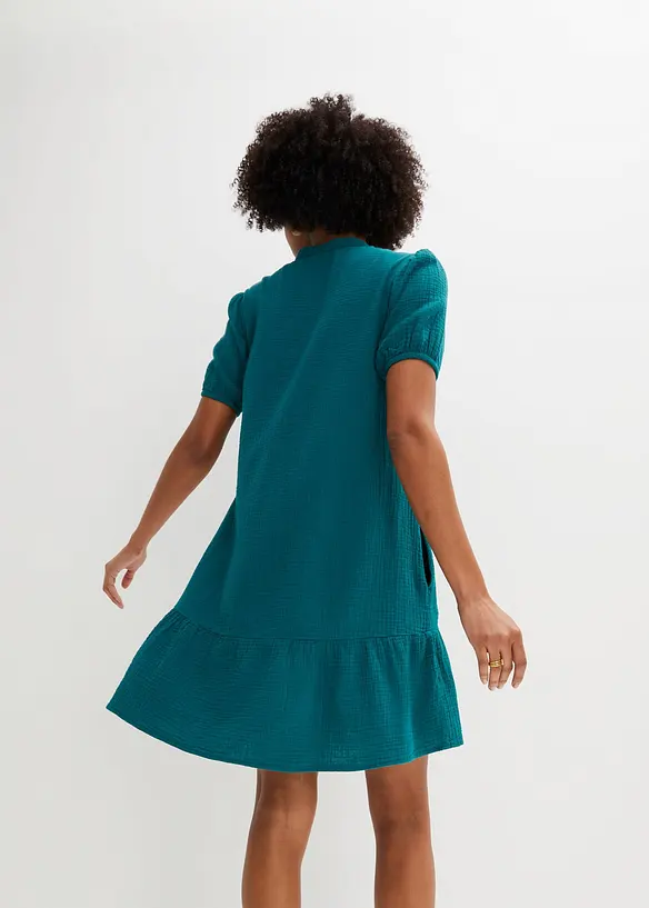 Musselin-Minikleid aus reiner Baumwolle in petrol von hinten (Totalaufnahme) - bonprix