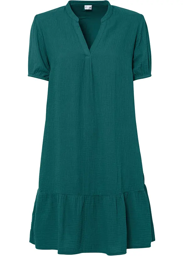 Musselin-Minikleid aus reiner Baumwolle in petrol von vorne - bonprix