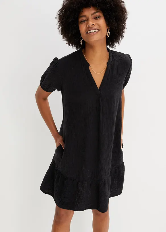 Musselin-Minikleid aus reiner Baumwolle in schwarz von vorne (Totalaufnahme) - bonprix