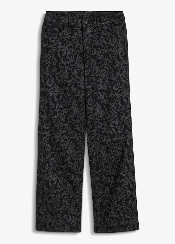 Wide-Leg-Jeans, Mid Waist mit Glanzmuster in schwarz von vorne - bonprix