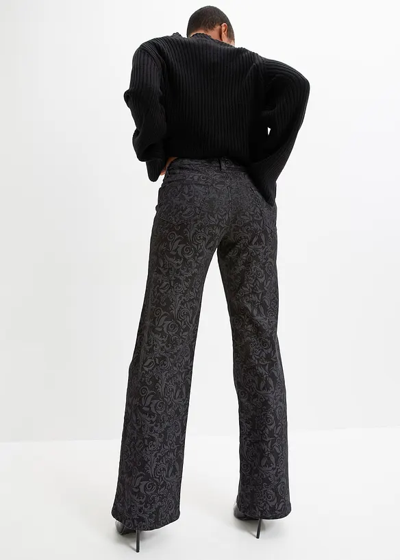 Wide-Leg-Jeans, Mid Waist mit Glanzmuster in schwarz von hinten - bonprix