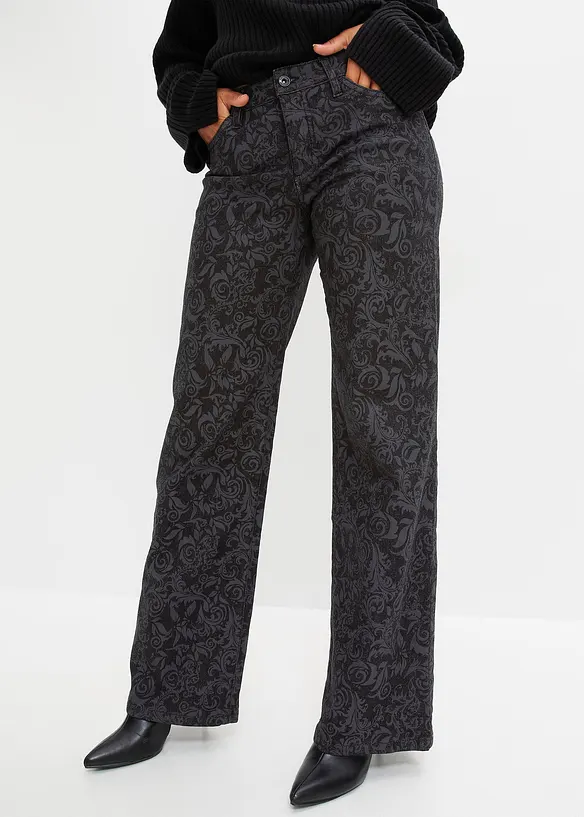 Wide-Leg-Jeans, Mid Waist mit Glanzmuster in schwarz von vorne - bonprix