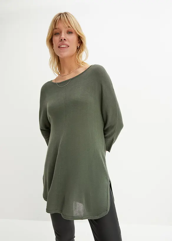 Feinstrickpullover mit 3/4 Arm in grün von vorne (im Anschnitt) - bonprix