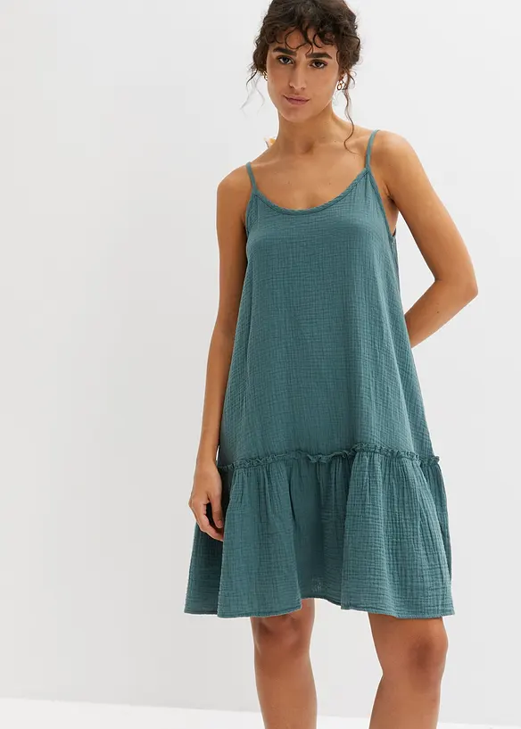 Musselin-Trägerkleid aus reiner Baumwolle in grün von vorne (Totalaufnahme) - bonprix