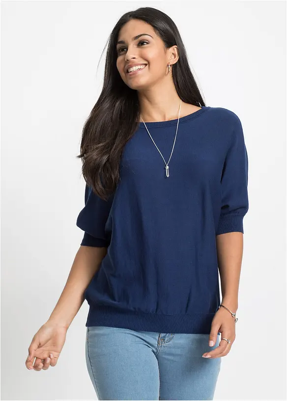 Feinstrickpullover aus Baumwoll-Mix in blau von vorne (im Anschnitt) - bonprix