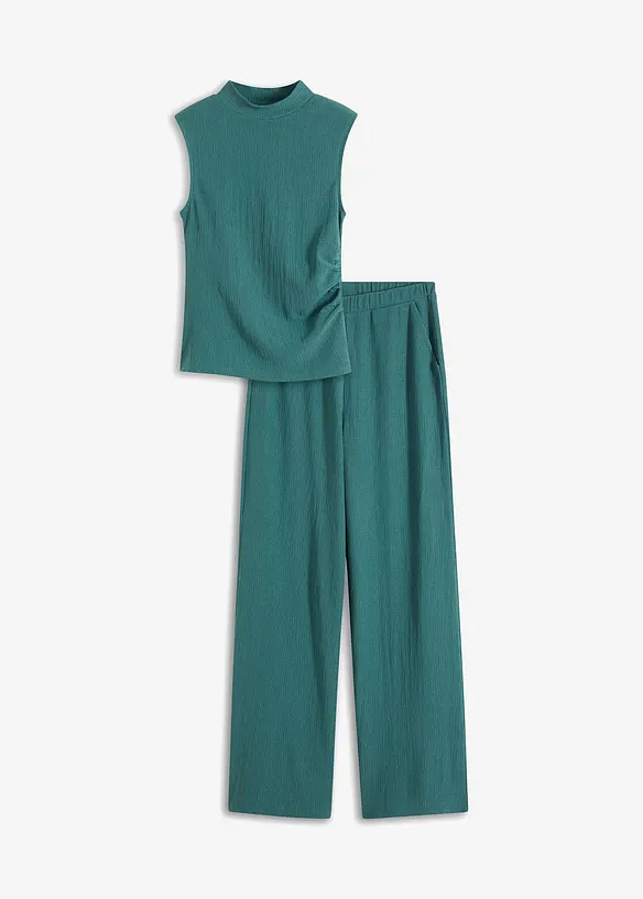 Shirt und Hose (2tlg.Set) aus strukturiertem Crêpe in grün von vorne - bonprix