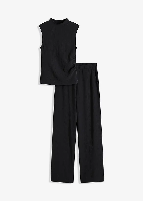 Shirt und Hose (2tlg.Set) aus strukturiertem Crêpe in schwarz von vorne - bonprix Shirt und Hose (2tlg.Set) aus strukturiertem Crêpe in schwarz von vorne - bonprix